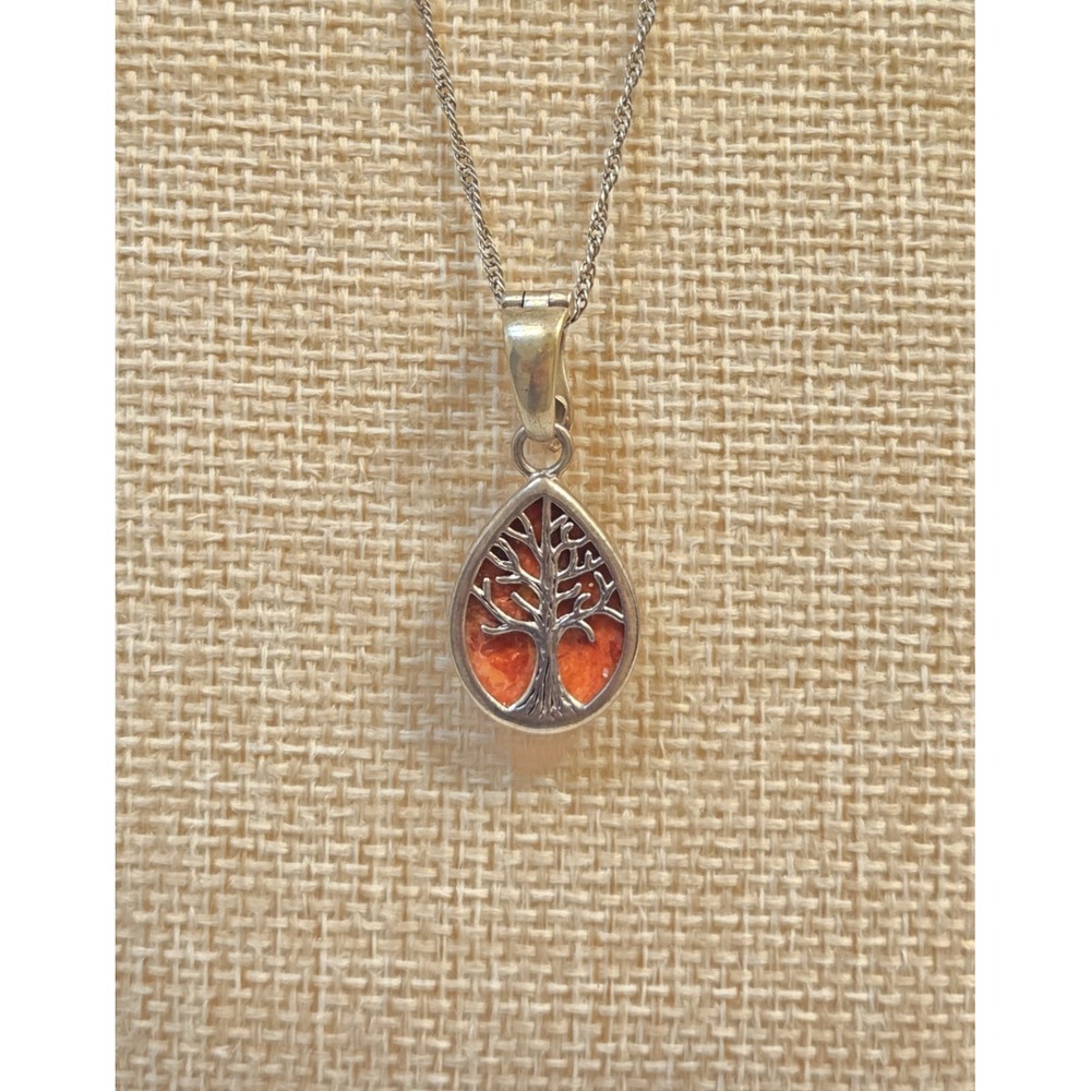 Vintage Sterling Silver Orange Sponge Coral Tree Of Life Pendant Necklace 18-20"